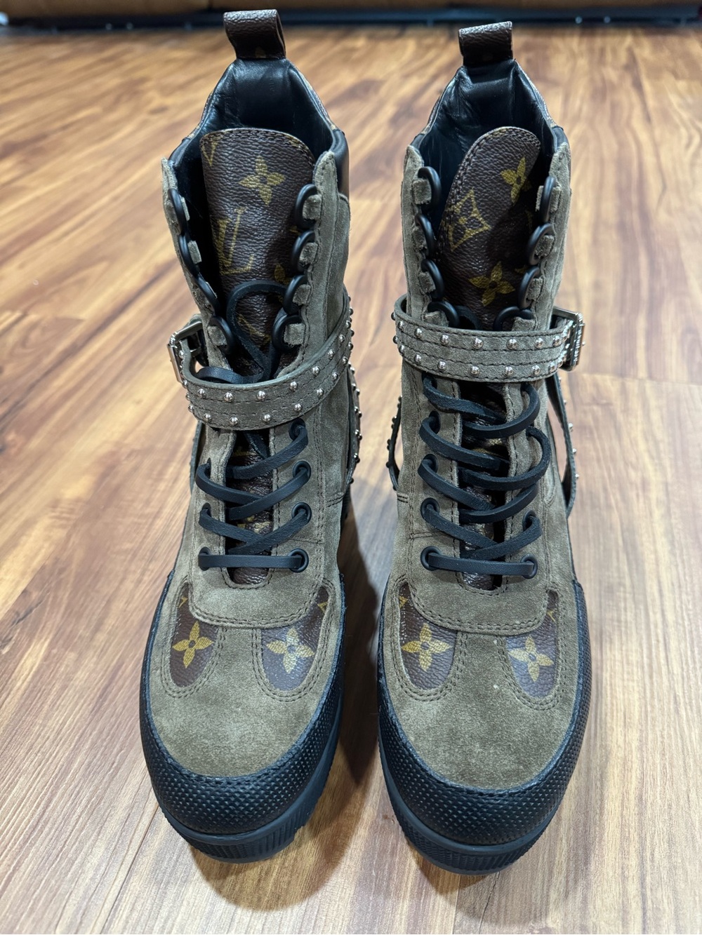 Louis Vuitton Olive Suede & Monogram Stud Combat Boots
